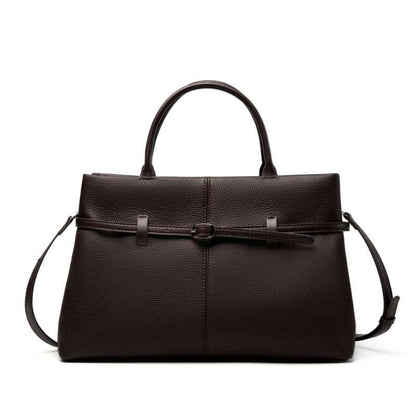Womens leather briefcase bag in sleek design with handles and adjustable strap, dark brown color.