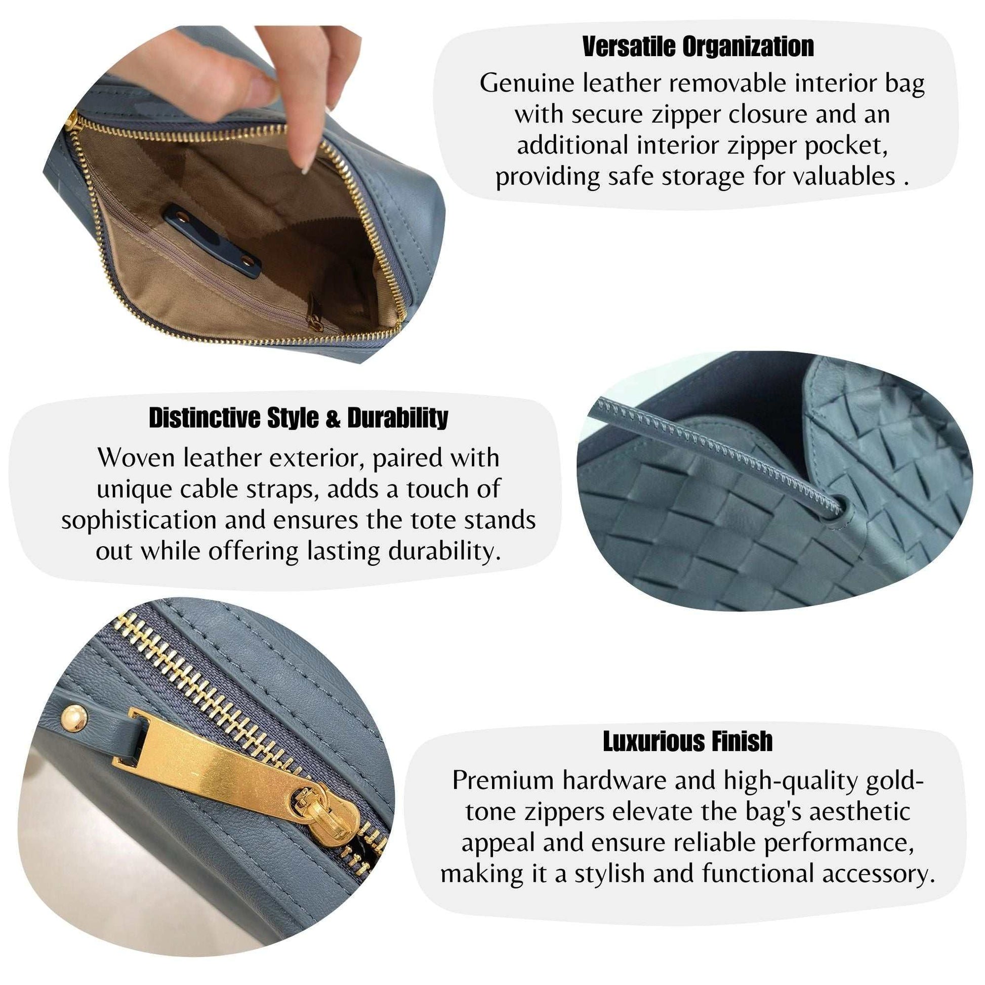 Woven leather tote handbag with genuine leather, spacious interior, and stylish embossed pattern.