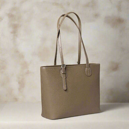 Zip Tote Bag Leather with adjustable straps and two-tone design.