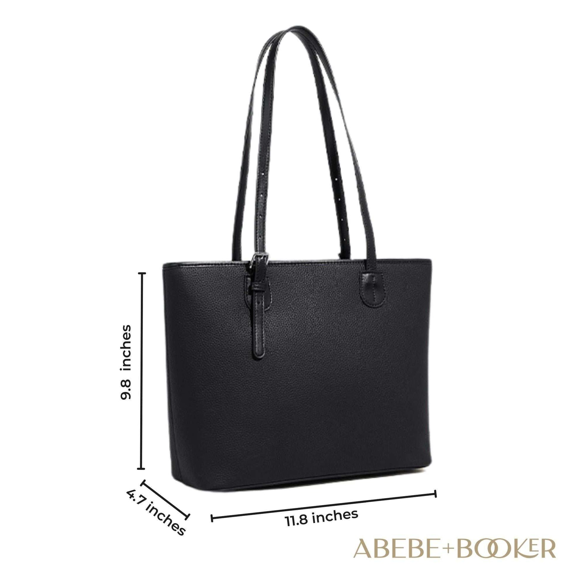 Black leather zip tote bag with dimensions, featuring long handles.