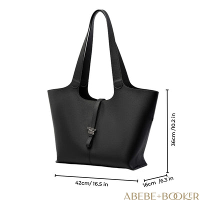 Leather tote purse with zipper, black genuine leather, modern concave design, dimensions 42cm L x 36cm H