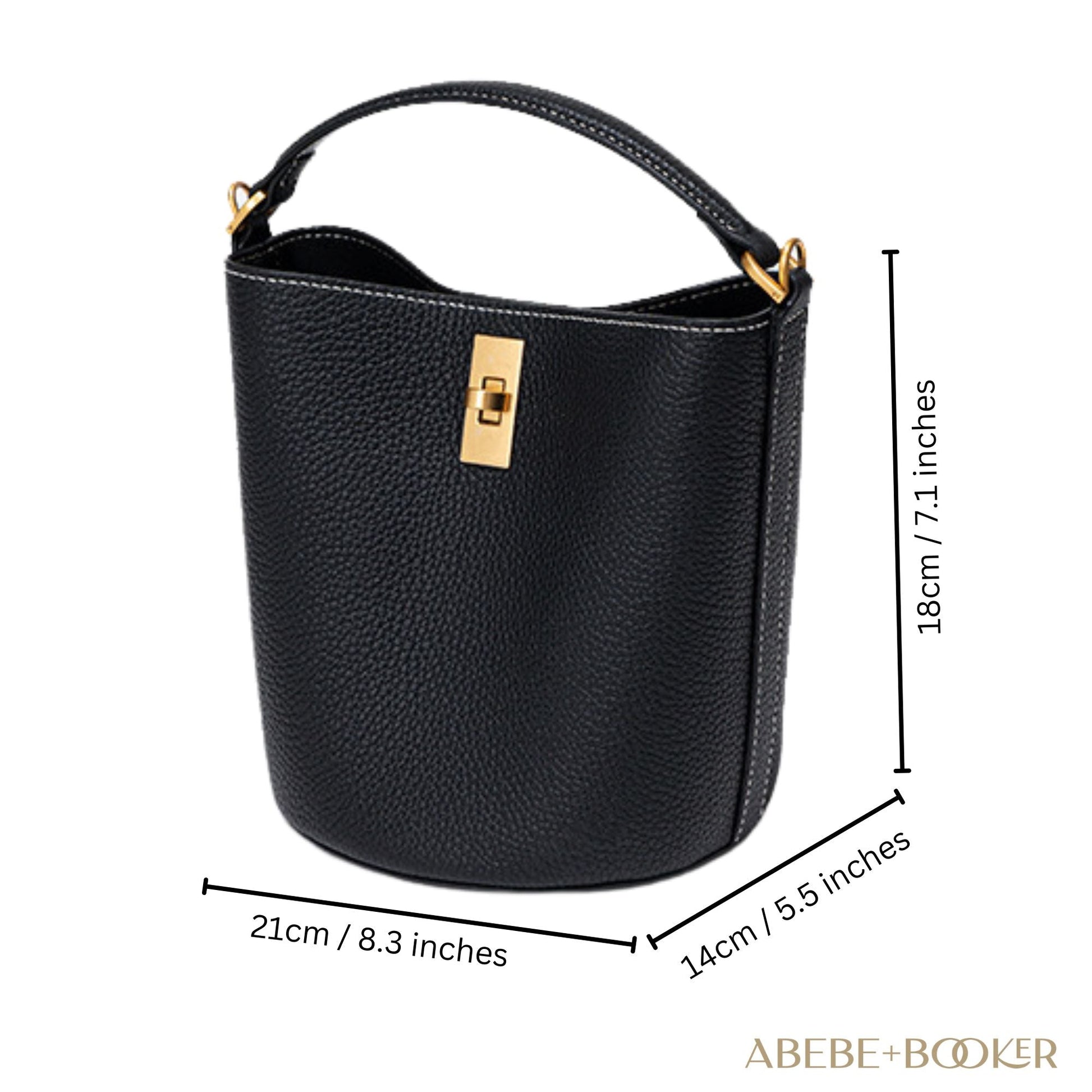 Black crossbody bucket purse made from genuine leather with gold
