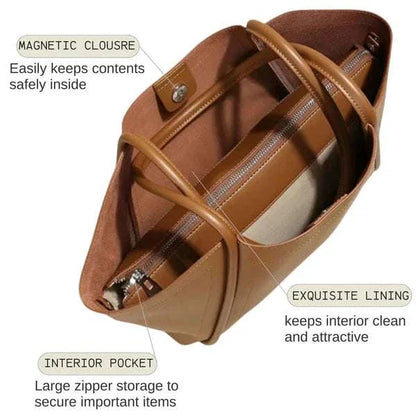Elegant ladies leather tote with magnetic closure, interior pocket, and exquisite lining.