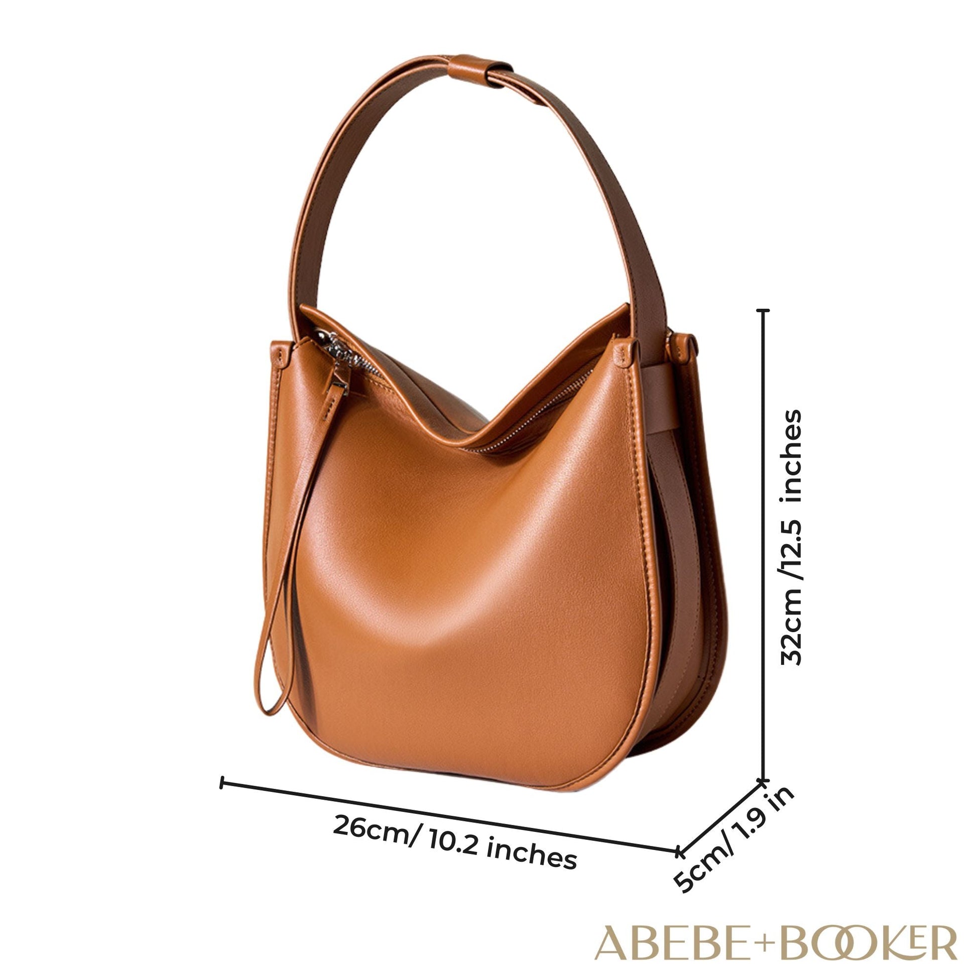 Large crossbody satchel in genuine leather with dimensions labeled, showcasing a sleek, stylish design.