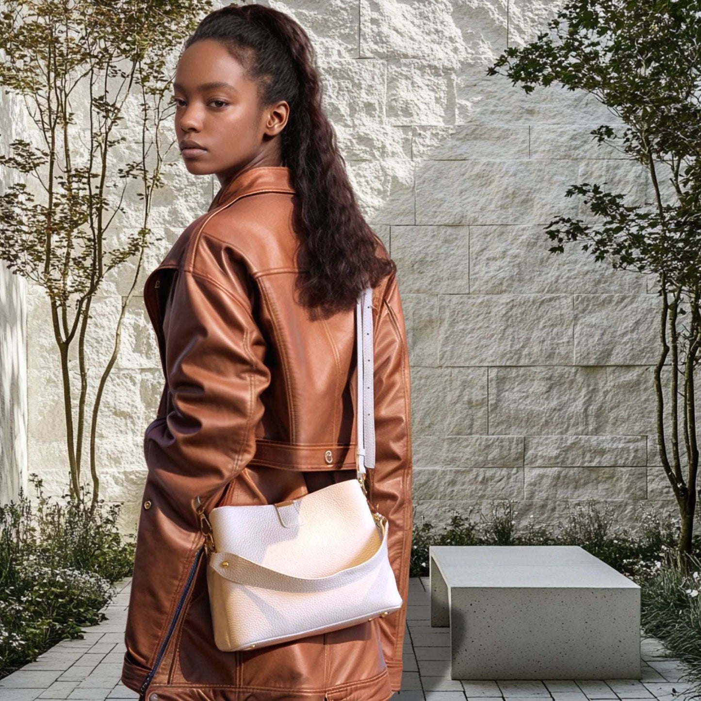 Woman wearing a brown leather jacket with a small leather crossbody purse in an outdoor setting.