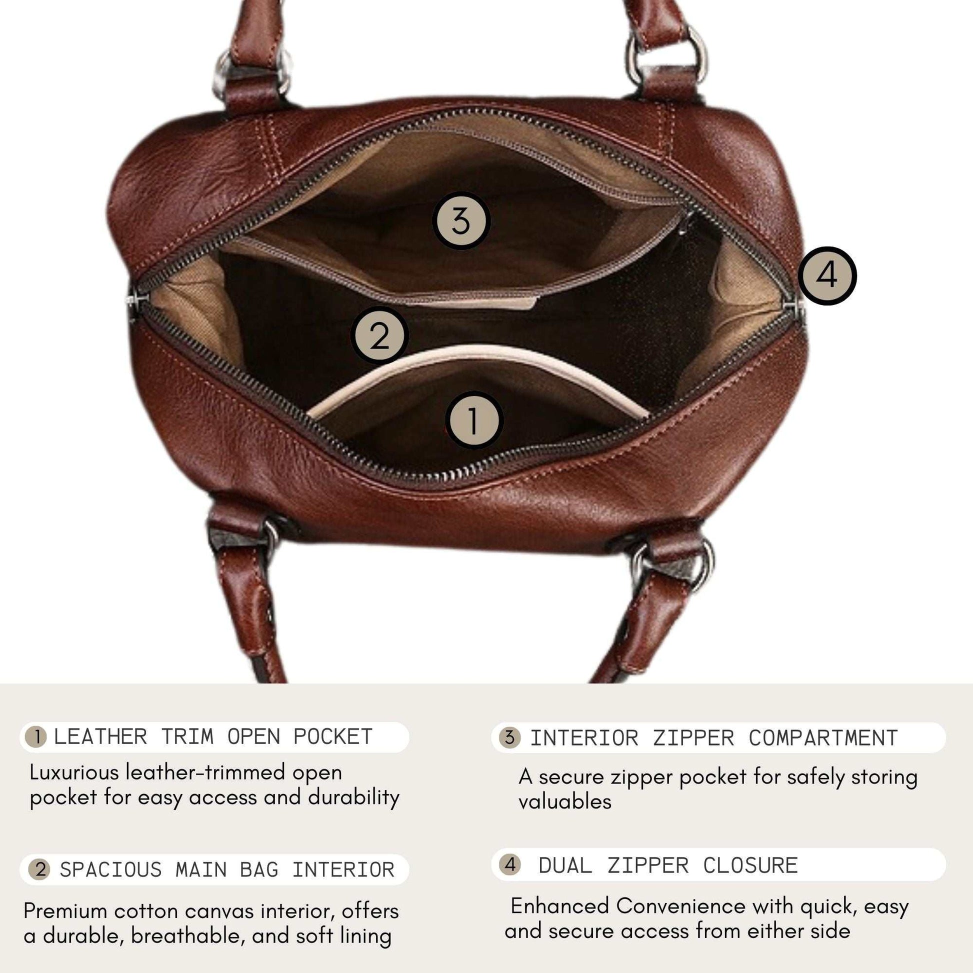 Genuine leather retro bag with spacious interior, embossed medallion design, and durable