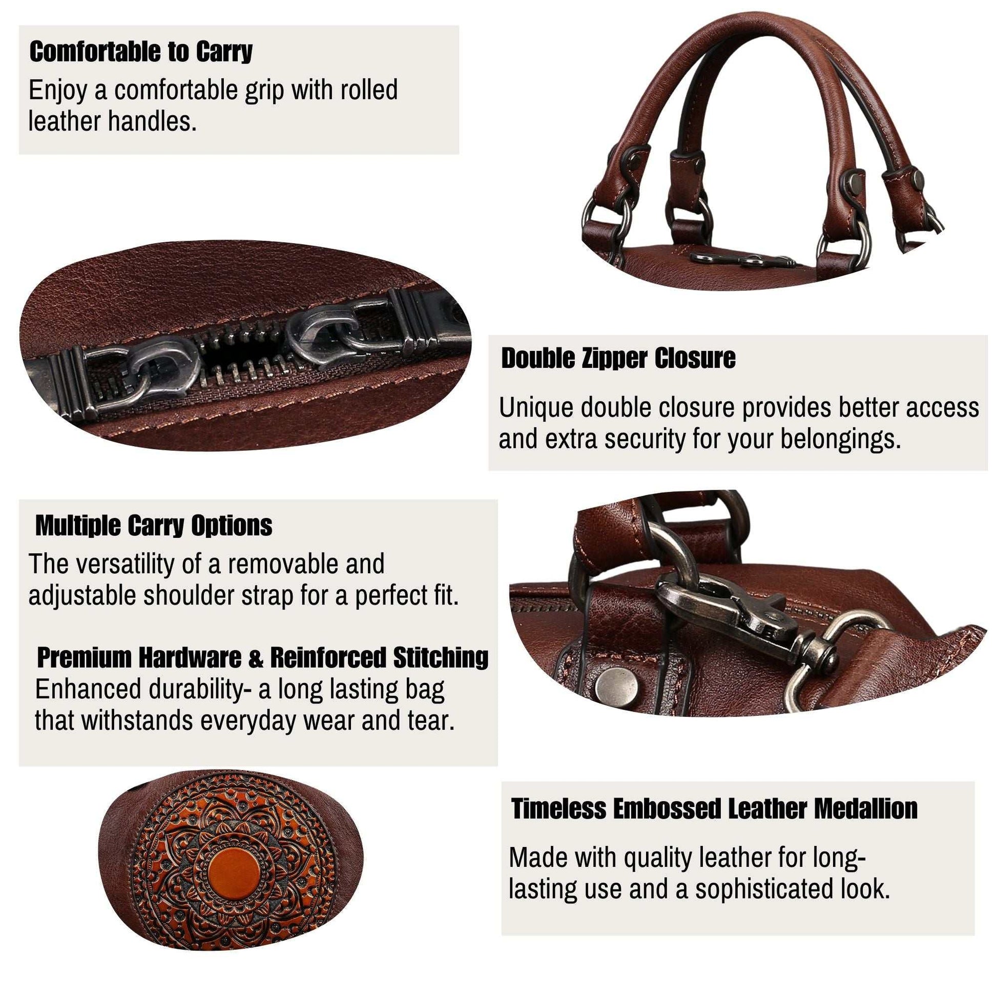 Genuine Leather Retro Bag with timeless elegance, embossed medallion, double zipper, and durable handles for everyday use.
