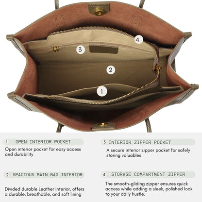 Open leather tote bag interior with organized pockets, showing durable design and practical storage solutions.