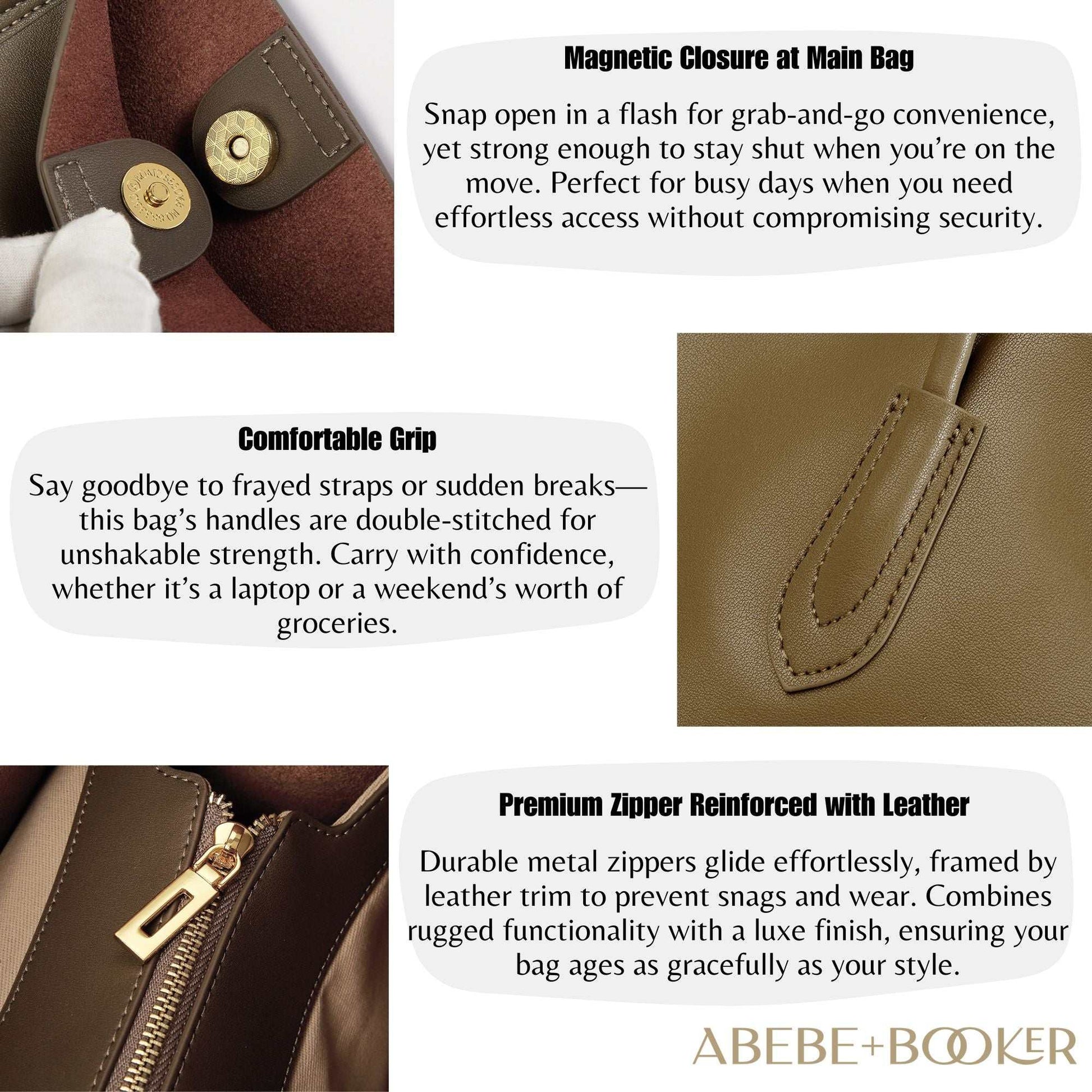 Tote leather bag with magnetic closure, comfortable grip, premium zipper, and durable craftsmanship.