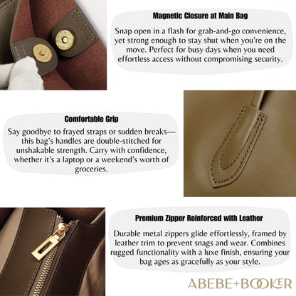 Tote leather bag with magnetic closure, comfortable grip, premium zipper, and durable craftsmanship.