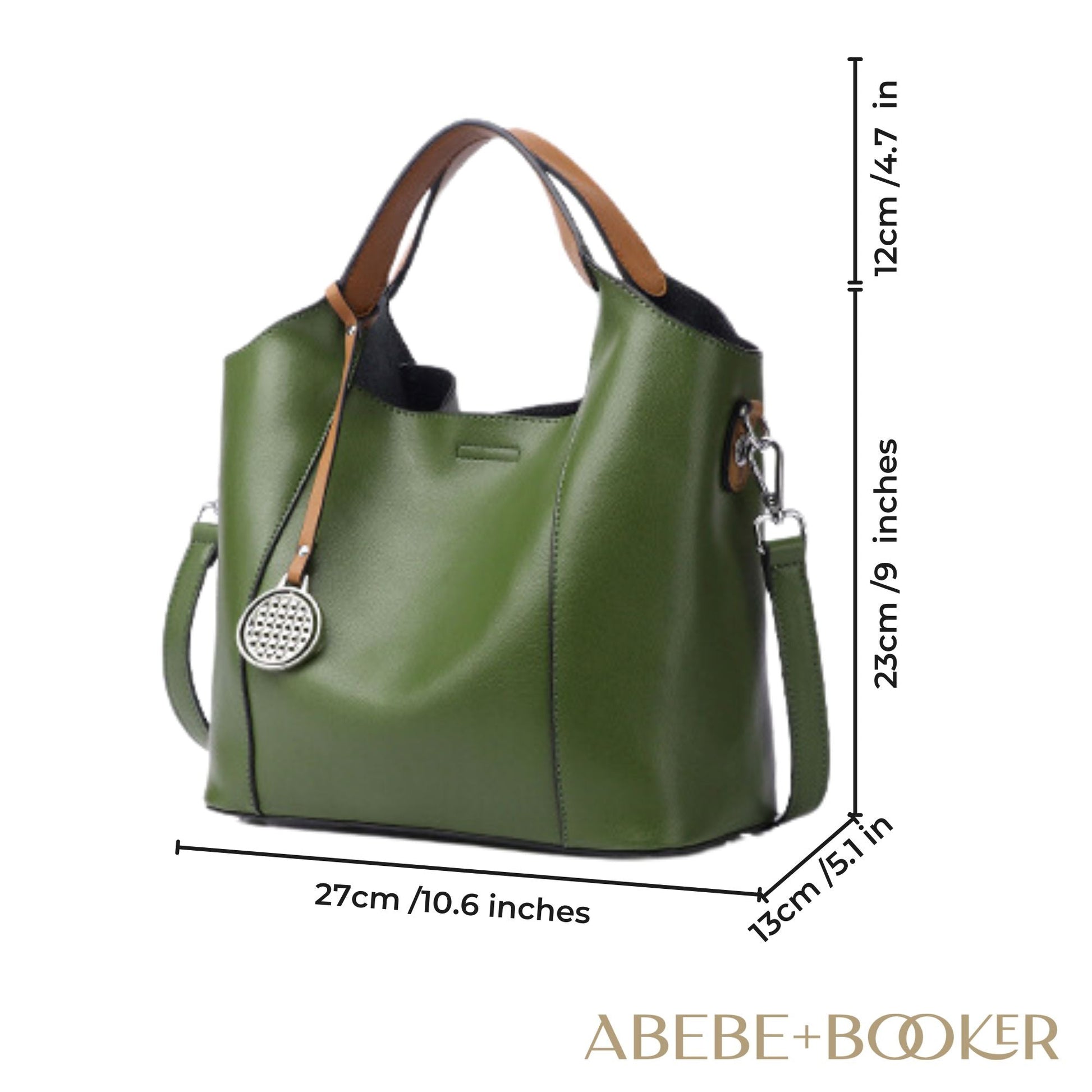 Green leather work bag with versatile design and spacious interior.