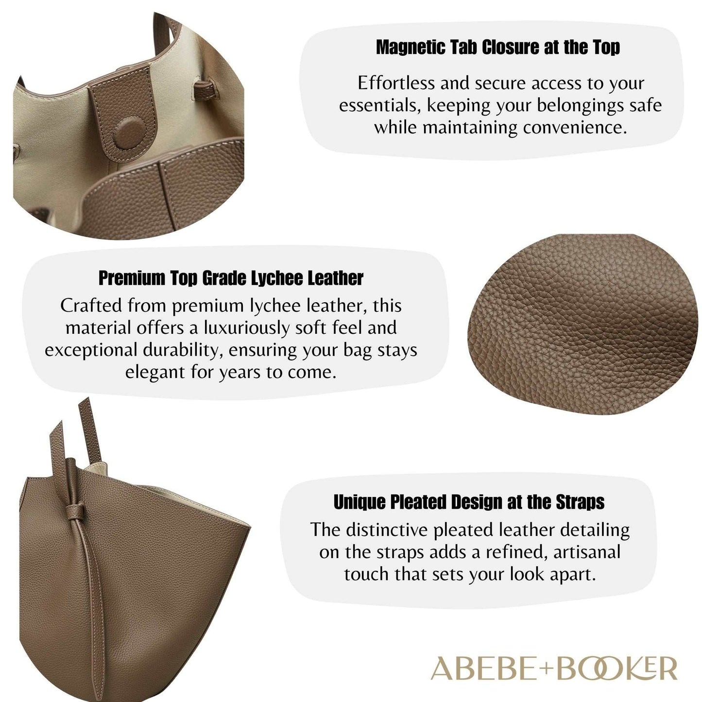 Leather Work Tote with premium lychee leather, chic pleated straps, and magnetic tab closure for stylish organization.