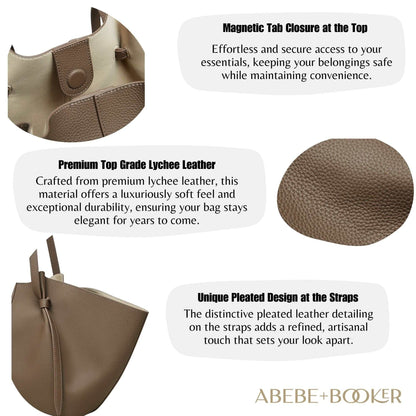 Leather Work Tote with premium lychee leather, chic pleated straps, and magnetic tab closure for stylish organization.