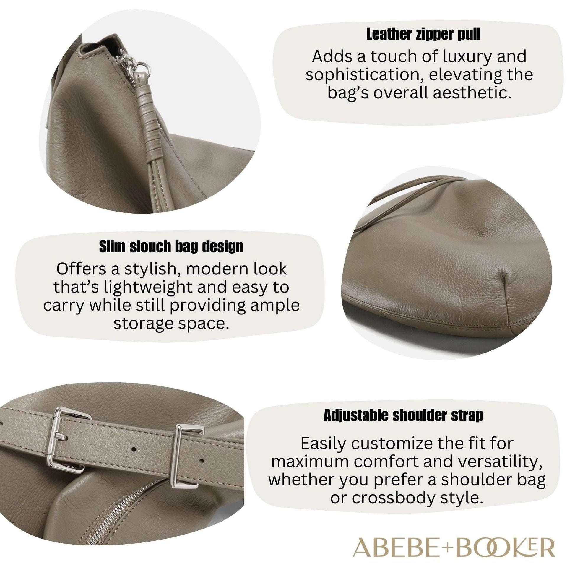 Genuine leather slouchy crossbody bag with adjustable strap and
