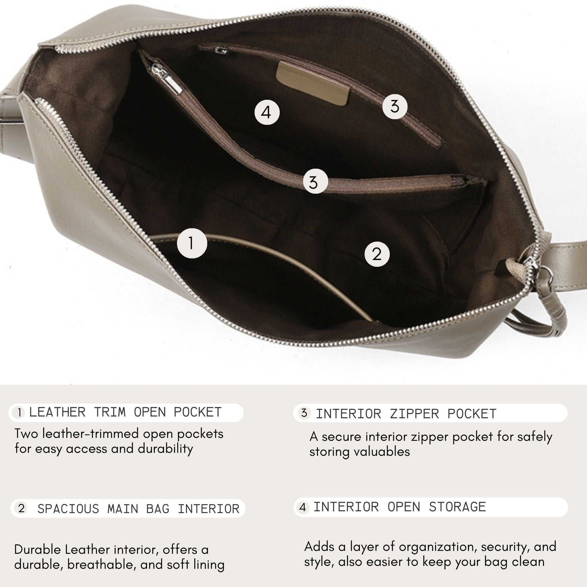 Slouchy crossbody bag in genuine leather with spacious interior and multiple pockets for organization.