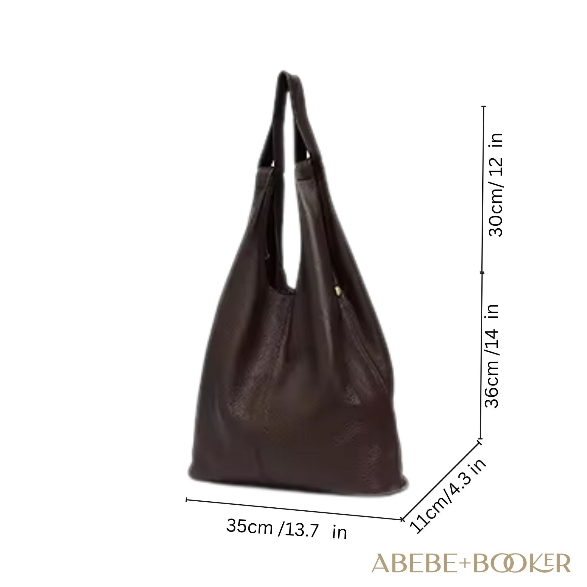Slouchy Leather Hobo Bag with measurements and premium leather design.