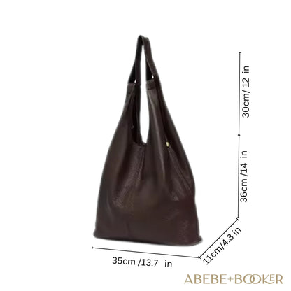 Slouchy Leather Hobo Bag with measurements and premium leather design.