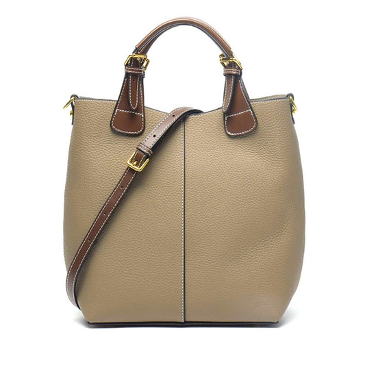 Women's leather crossbody purse in khaki with brown strap and gold accents.