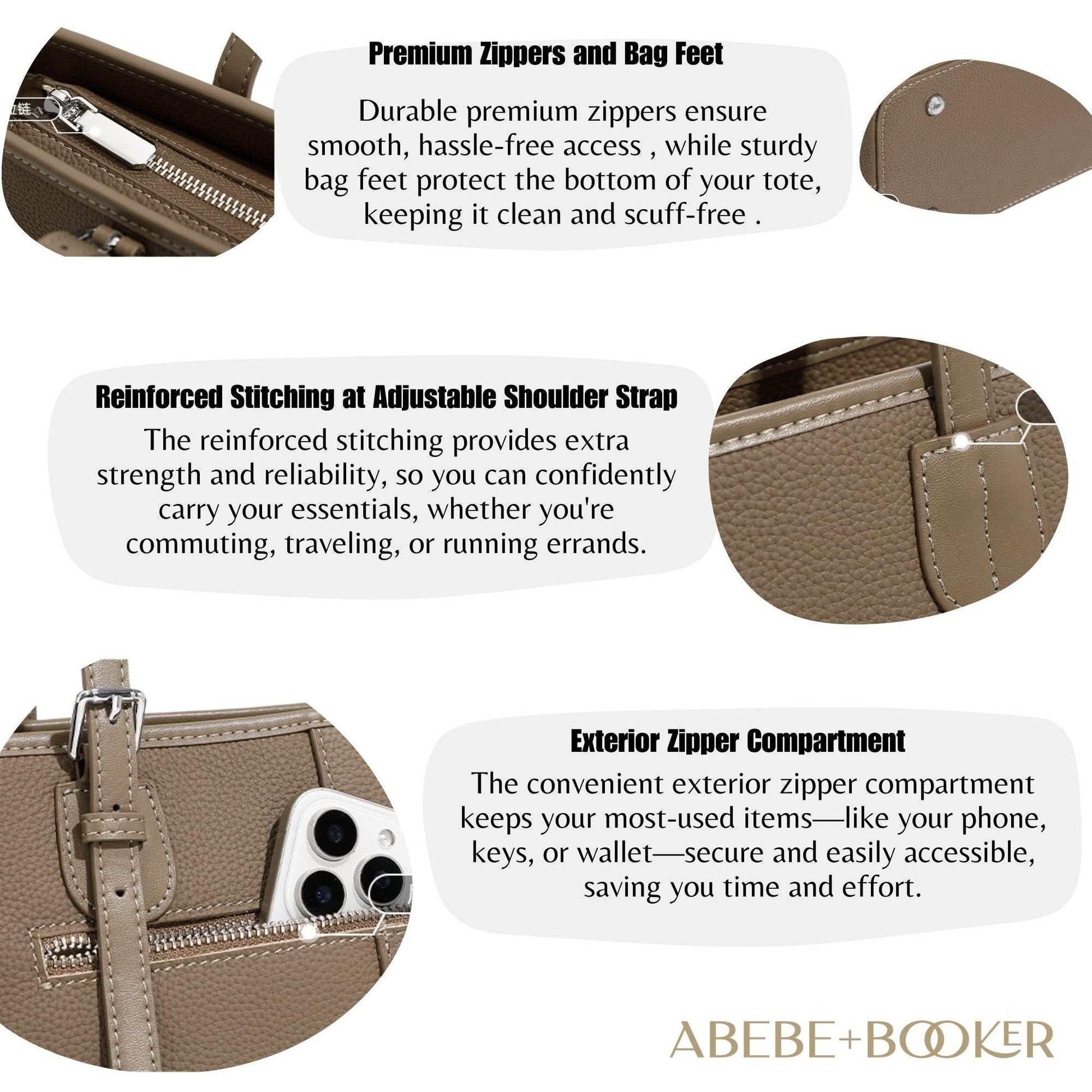 Zip Tote Bag Leather with zipper closure, two-tone leather design, spacious interior, and adjustable shoulder strap.